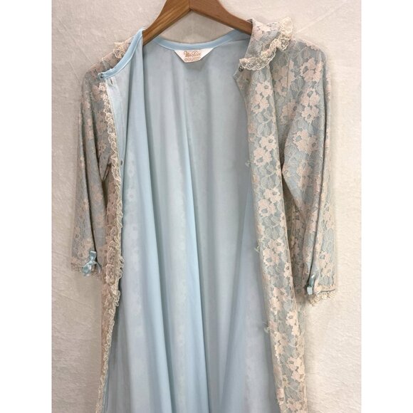 Vintage 1950's-60s Miss Elaine Women's Dressing Gown Blue with Cream Lace - Picture 5 of 12